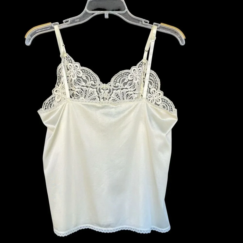 Vintage Applause Womens Y2K Camisole Small Cream‎ Lace Trim Adjustable Rose 90s